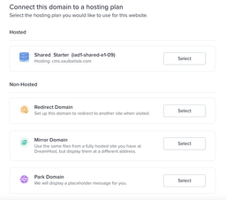 screenshot of the diffferent hosting options at Dreamhost. There are 4 options, Shared Starter, Redirect Domain, Mirror Domain and Park Domain